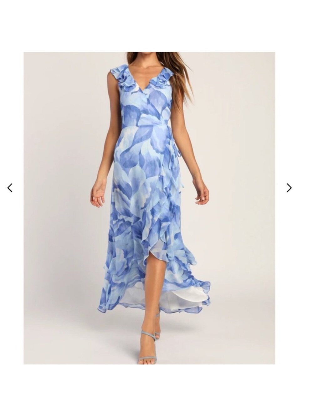 Lulu's Sky Blue Floral Ruffle Wrap High-Low Dress